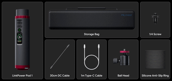 El LinkPower Pod 1 incluye una funda de transporte y accesorios para fijarlo a un trípode de cámara.