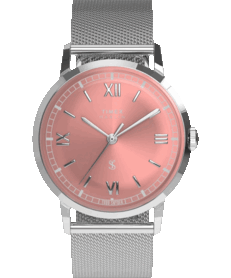 Reloj Timex x Todd Snyder Marlin Mesh con esfera color salmón con efecto rayos de sol y brazalete de malla de acero inoxidable.