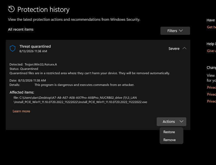 El archivo ejecutable marcado por Windows Defender