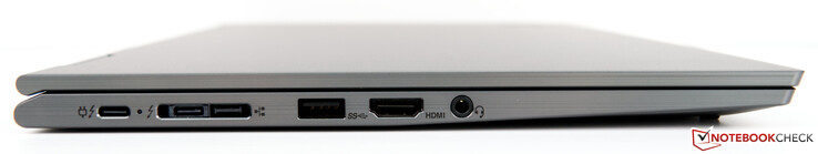 Lado izquierdo: Puerto de acoplamiento (dos puertos Thunderbolt 3, un puerto Mini-Ethernet), un puerto USB 3.0 Tipo-A, una salida HDMI 1.4b, combinación de auriculares/micrófono.
