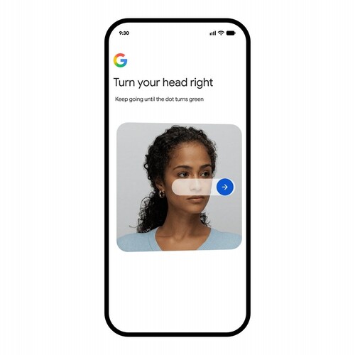 Pantalla de Google en la que se solicita al usuario que gire la cabeza hacia la derecha