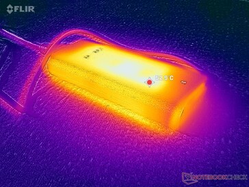 El adaptador de CA alcanza más de 53 C cuando funciona con cargas exigentes
