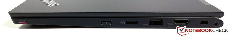 Derecho: Lenovo Pen Pro, botón de encendido, lector microSD, USB-A 3.2 Gen 2 (10 Gb/s), HDMI 2.0, bloqueo Kensington
