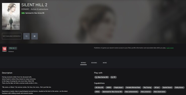 Captura de pantalla de la página del juego Silent Hill 2 en la Microsoft Store. (Fuente de la imagen: TrueAchievements)