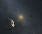 Una ilustración en la que se muestran un asteroide y una estrella.