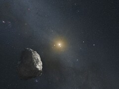 Una ilustración en la que se muestran un asteroide y una estrella.