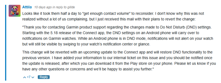 Captura de pantalla de un puerto del Foro Garmin con un mensaje de Garmin. (Fuente de la imagen: Foro Garmin)