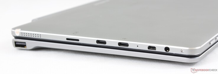 Izquierda: USB 2.0 (en la base), lector MicroSD, USB Tipo-C 2.0, USB Tipo-C 3.1, Micro-HDMI, auriculares de 3.5 mm.