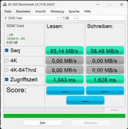 Valores AS-SSD del lector de tarjetas SD con tarjeta SD Angelbird AV Pro V60