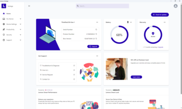 Pantalla de inicio de Lenovo Vantage