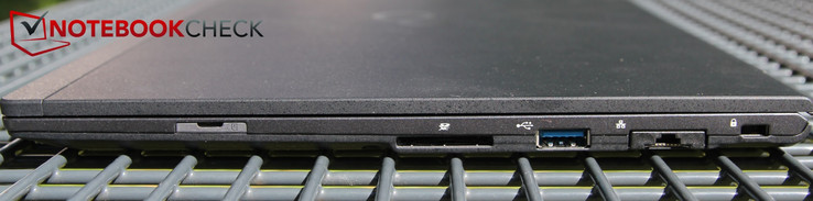 right: SIM slot, SD card reader, USB 3.0 Type-A, LAN, Kensington Lock