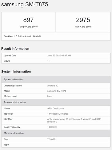 Se cree que el SM-T875 es el nombre en clave de la versión 5G de la Galaxia Tab S7. (Fuente de la imagen: Geekbench)