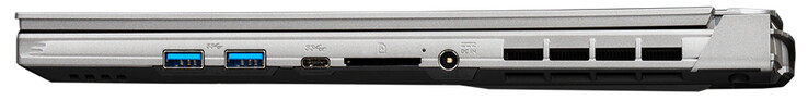 Lado derecho: 2x USB 3.2 Gen 1 (Tipo A), USB 3.2 Gen 1 (Tipo C), lector de tarjetas de memoria (SD), fuente de alimentación