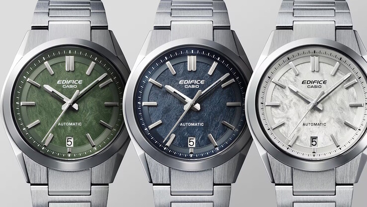 Se lanzan tres nuevos modelos EKF-100D en azul, verde y blanco junto al modelo con esfera de carbono forjado en negro. (Fuente de la imagen: Casio)