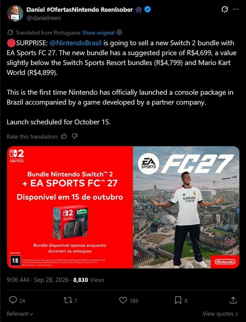 Se muestra el anuncio del paquete de consola de Switch 2 con EA Sports FC 27