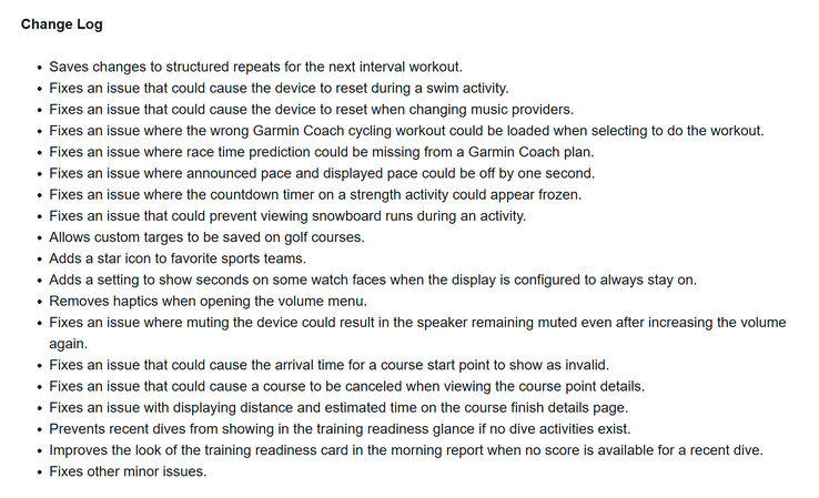 El registro de cambios de la actualización de la versión beta 16.14 para los relojes inteligentes Garmin Forerunner 570 y Forerunner 970. (Fuente de la imagen: captura de pantalla del foro de Garmin)