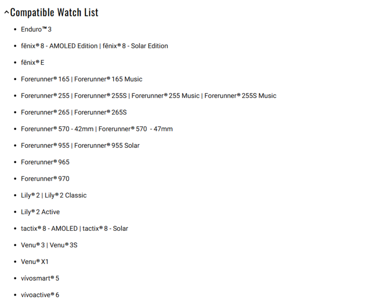 La lista oficial de smartwatches compatibles con la función Garmin Body Battery TrueUp. (Fuente de la imagen: Garmin)