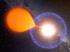 Impresión artística que muestra una nova succionando materia de su estrella anfitriona. (Fuente de la imagen: K. Ulaczyk, Observatorio de la Universidad de Varsovia)