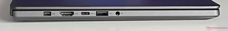 Izquierda: fuente de alimentación, HDMI 2.1, USB-C 4.0 (40 GBit/s, DisplayPort 1.4, Power Delivery), USB-A 3.2 Gen 2 (10 GBit/s), audio de 3,5 mm