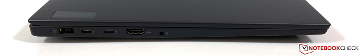 Lado izquierdo: Alimentación (SlimTip), 2x USB-C con Thunderbolt 4 (USB 4, 40 Gbps, DisplayPort-ALT modo 1.4a, Power Delivery 3.0), HDMI 2.0, 3.5 mm estéreo