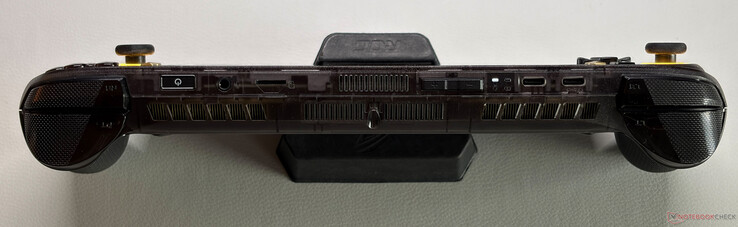 Parte superior: Botón de encendido con lector de huellas dactilares, conector estéreo de 3.5 mm, microSD-Express, botones de volumen, USB-C 3.2 Gen.2 (10 Gbps, DisplayPort 2.1, Power Delivery 3.0), USB-C 4.0 con Thunderbolt 4 (40 Gbps, DisplayPort 2.1, Power Delivery 3.0)