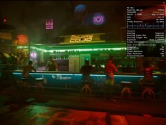 Cyberpunk 2077 ejecutándose en macOS 26 Tahoe con la interpolación de fotogramas MetalFX activada en un MacBook Pro M1 Max. (Fuente de la imagen: Blendlogic Tech en YouTube)