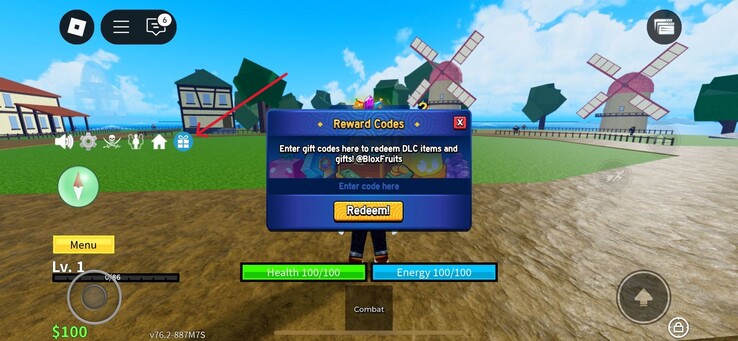 Haga clic en el icono de regalo como se muestra en la imagen de aquí (Fuente de la imagen: Roblox)
