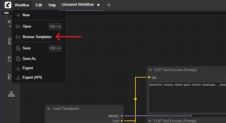 Una captura de pantalla del menú Flujo de trabajo en ComfyUI con Examinar plantillas resaltado. (Fuente de la imagen: Captura de pantalla de Windows)