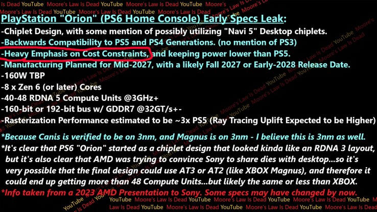 Se filtran las especificaciones de la APU Sony PS6 Orion. (Fuente de la imagen: Moore's Law Is Dead en YouTube)