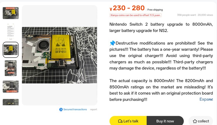 El anuncio de Xianyu sobre una batería de mayor capacidad (8.000 mAh) para la Nintendo Switch 2