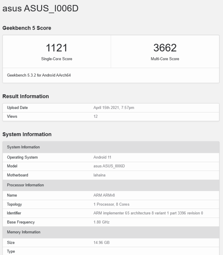 ASUS ZenFone 8 Mini variante de 16 GB de RAM (imagen vía Geekbench)