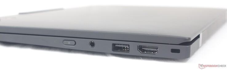 Derecha: Botón de encendido, auriculares de 3,5 mm, USB-A 3.2 Gen. 1, HDMI 2.1, cierre Nano Kensington