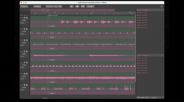 Audionaut admite la edición de audio multipista, con varias regiones de audio que se muestran aquí en la línea de tiempo de la aplicación.