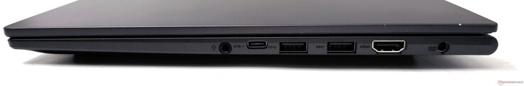 Derecha: toma de audio combinada de 3,5 mm, USB 3.2 Gen1 Tipo-C con PD, 2 USB 3.2 Gen1 Tipo-A, salida HDMI 1.4, entrada de CC