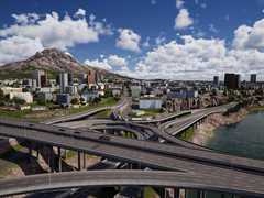 Una captura de pantalla del plan director de la ciudad que muestra complejas redes viarias con rascacielos y edificios al fondo