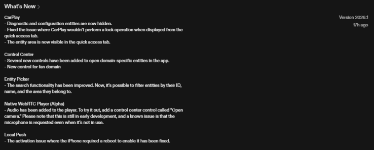 El registro de cambios de la versión 2026.1 de la aplicación para iOS del Asistente Domiciliario. (Fuente de la imagen: captura de pantalla de Apple App Store)