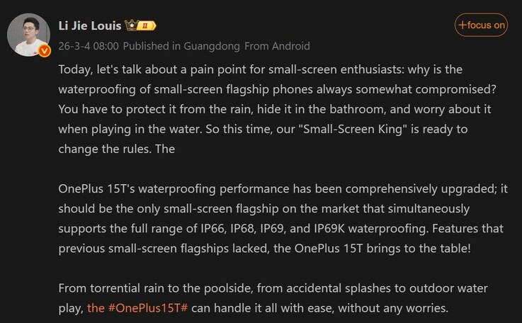 Louis habla sobre las calificaciones de resistencia al agua del OnePlus 15T (traducido por máquina)