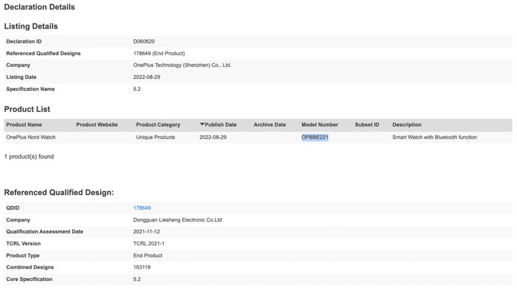 El nuevo registro del OnePlus Nord Watch. (Fuente: Bluetooth SIG)