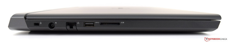 Izquierda: Noble cerradura, fuente de alimentación, Gigabit Ethernet, USB 3.1, lector de tarjetas SD