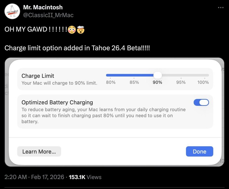 macOS 26.4 Tahoe parece haber añadido soporte para los límites de carga.