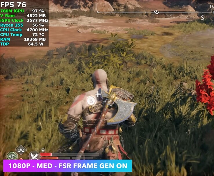 God of War Ragnarök corriendo a 1080p medios con FSR Frame Generation en el Minisforum X1 Lite usando Radeon 780M iGPU (Fuente de la imagen: ETA Prime vía YouTube)