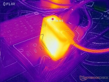 El adaptador de CA alcanza más de 46 °C cuando se somete a cargas exigentes