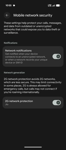 Opciones de seguridad de la red móvil