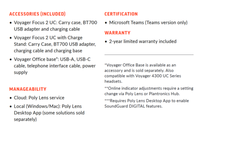 Poly Voyager Focus 2 - Especificaciones - cont. (Fuente: Poly)