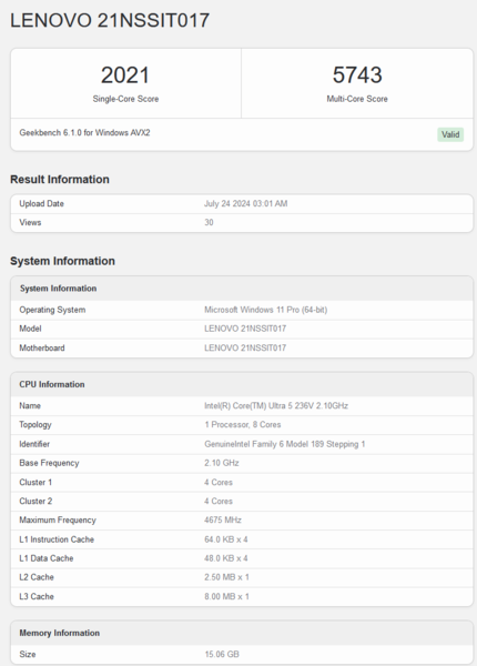 Puntuación de Intel Core Ultra 5 236V en Geekbench (fuente de la imagen: Geekbench)