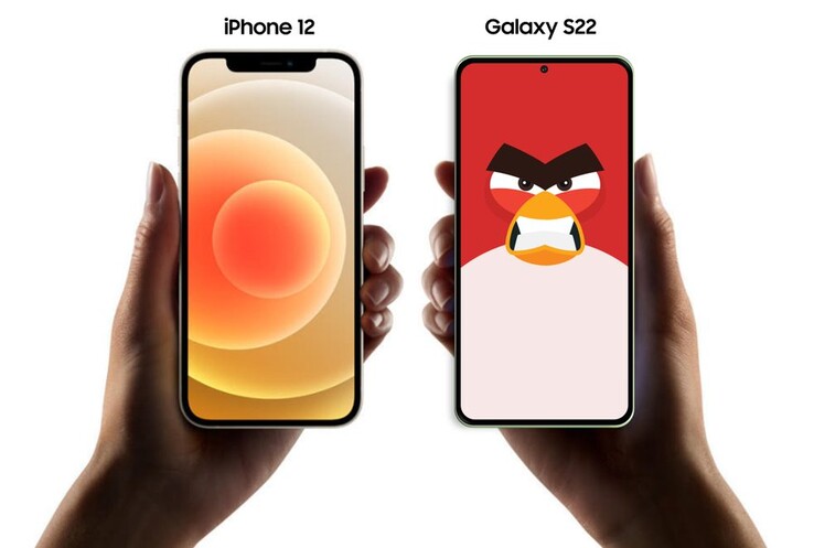 Un render del panel frontal de "Galaxy S22" con un iPhone 12 para comparar. (Fuente: Ice Universe vía Twitter)