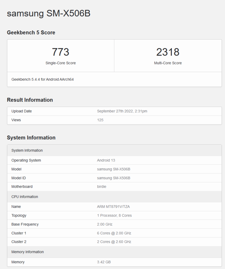 Galaxy Tab S8 FE en Geekbench (imagen vía Geekbench)