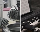 Genesis AI muestra manos robóticas realizando tareas de motricidad fina como cascar huevos, cortar tomates, conectar cables y tocar el piano.