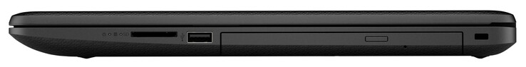 Lado derecho: lector de tarjetas de almacenamiento (SD), USB 2.0 (Tipo A), grabadora de DVD, ranura para un bloqueo de cable