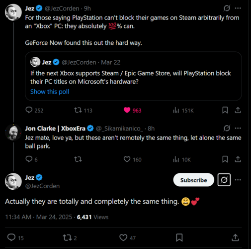 Post de Jez Corden X sobre el bloqueo de Sony a los ports para PC (Fuente de la imagen: captura de pantalla, cuenta de Jez Corden X)